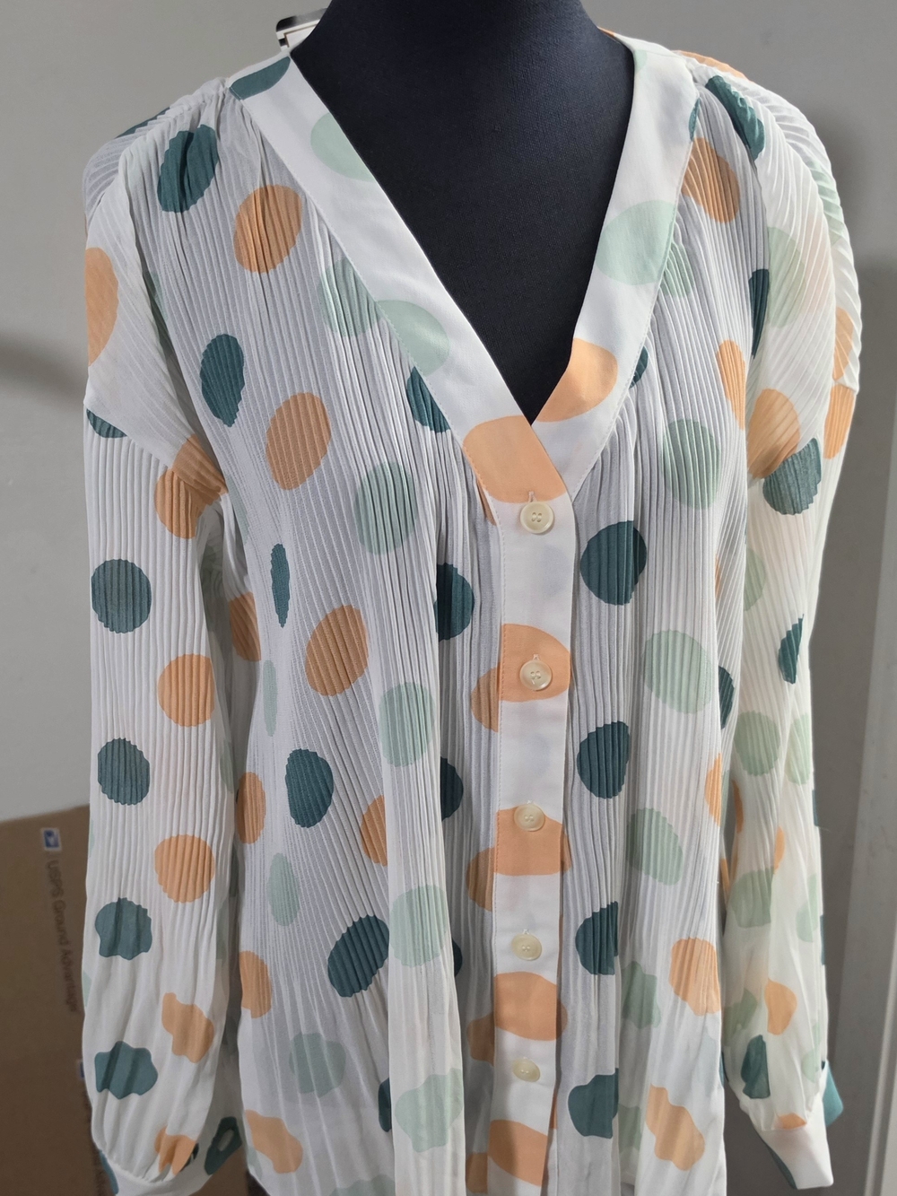 Women's White Pleated Button-Front Top with Mint and Peach Polka Dots